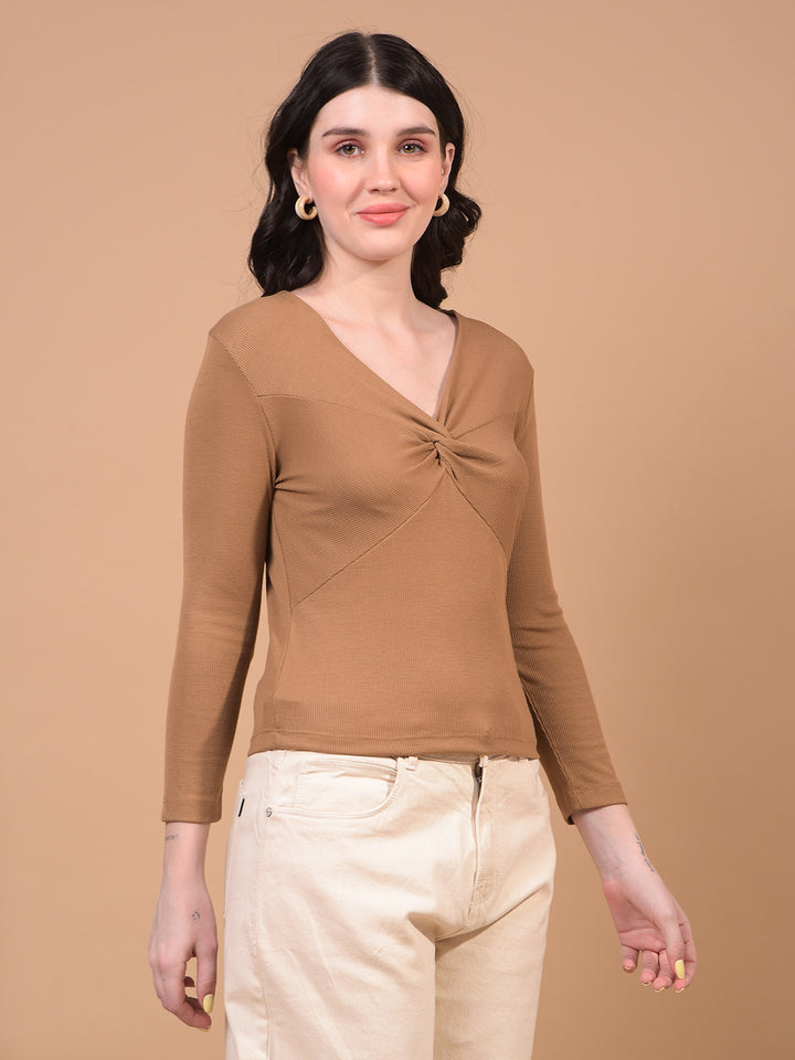 Women's Khaki V-Neck Cropped Top-Women Tops-Crimsoune Club