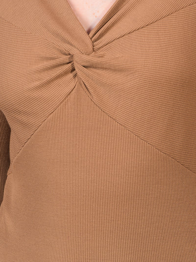 Women's Khaki V-Neck Cropped Top-Women Tops-Crimsoune Club