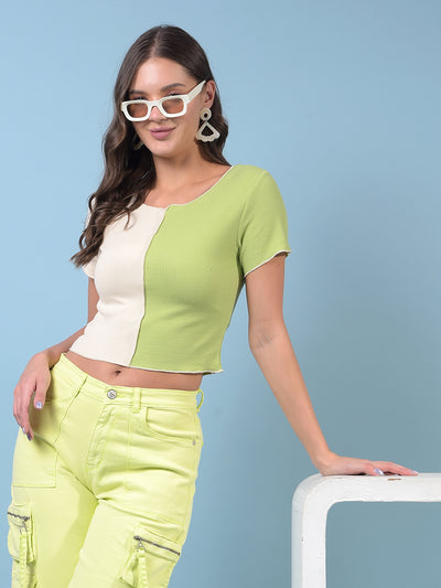 Women's Green Color-Blocked Crop Length T-Shirt-Women T-Shirts-Crimsoune Club
