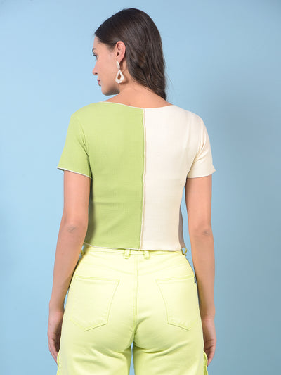 Women's Green Color-Blocked Crop Length T-Shirt-Women T-Shirts-Crimsoune Club