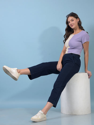 Women's Purple Color-Blocked Crop Length T-Shirt-Women T-Shirts-Crimsoune Club