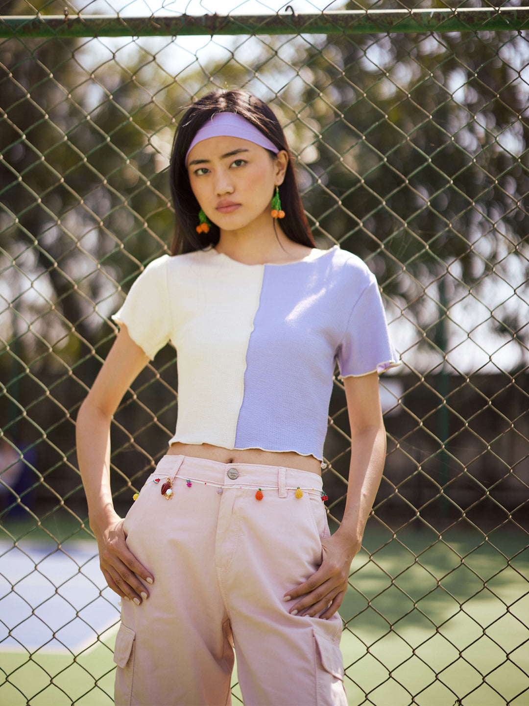 Purple Color-Blocked Crop Length T-Shirt-Women T-Shirts-Crimsoune Club