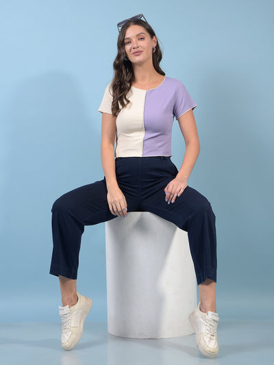 Women's Purple Color-Blocked Crop Length T-Shirt-Women T-Shirts-Crimsoune Club