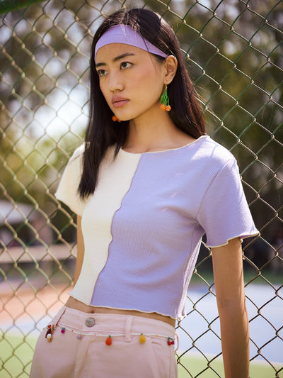 Purple Color-Blocked Crop Length T-Shirt-Women T-Shirts-Crimsoune Club