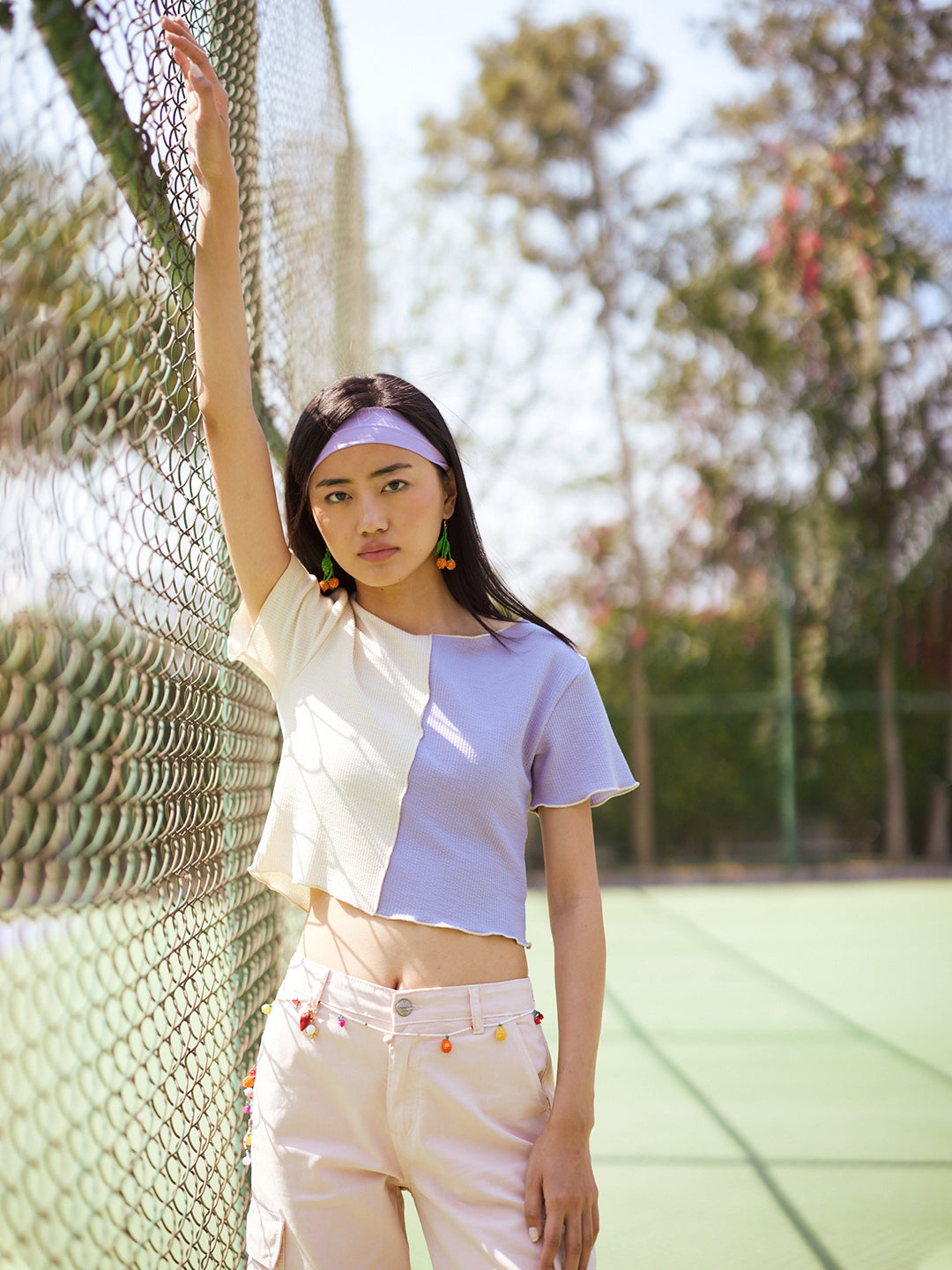 Purple Color-Blocked Crop Length T-Shirt-Women T-Shirts-Crimsoune Club