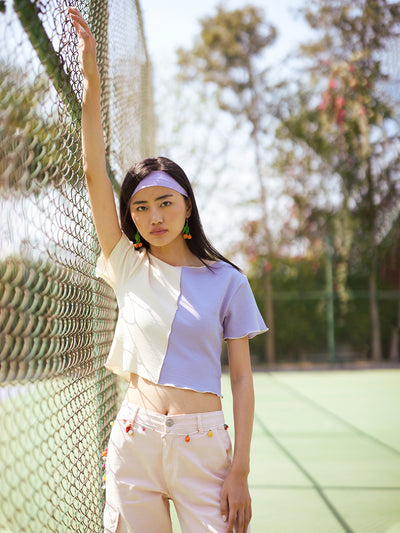 Purple Color-Blocked Crop Length T-Shirt-Women T-Shirts-Crimsoune Club