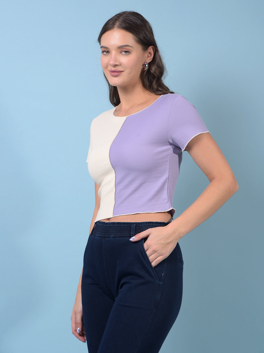 Women's Purple Color-Blocked Crop Length T-Shirt-Women T-Shirts-Crimsoune Club