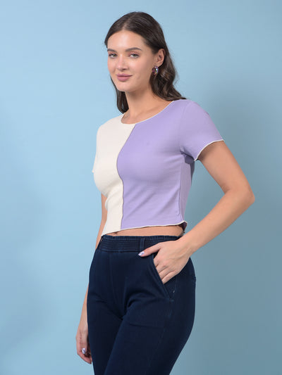 Women's Purple Color-Blocked Crop Length T-Shirt-Women T-Shirts-Crimsoune Club