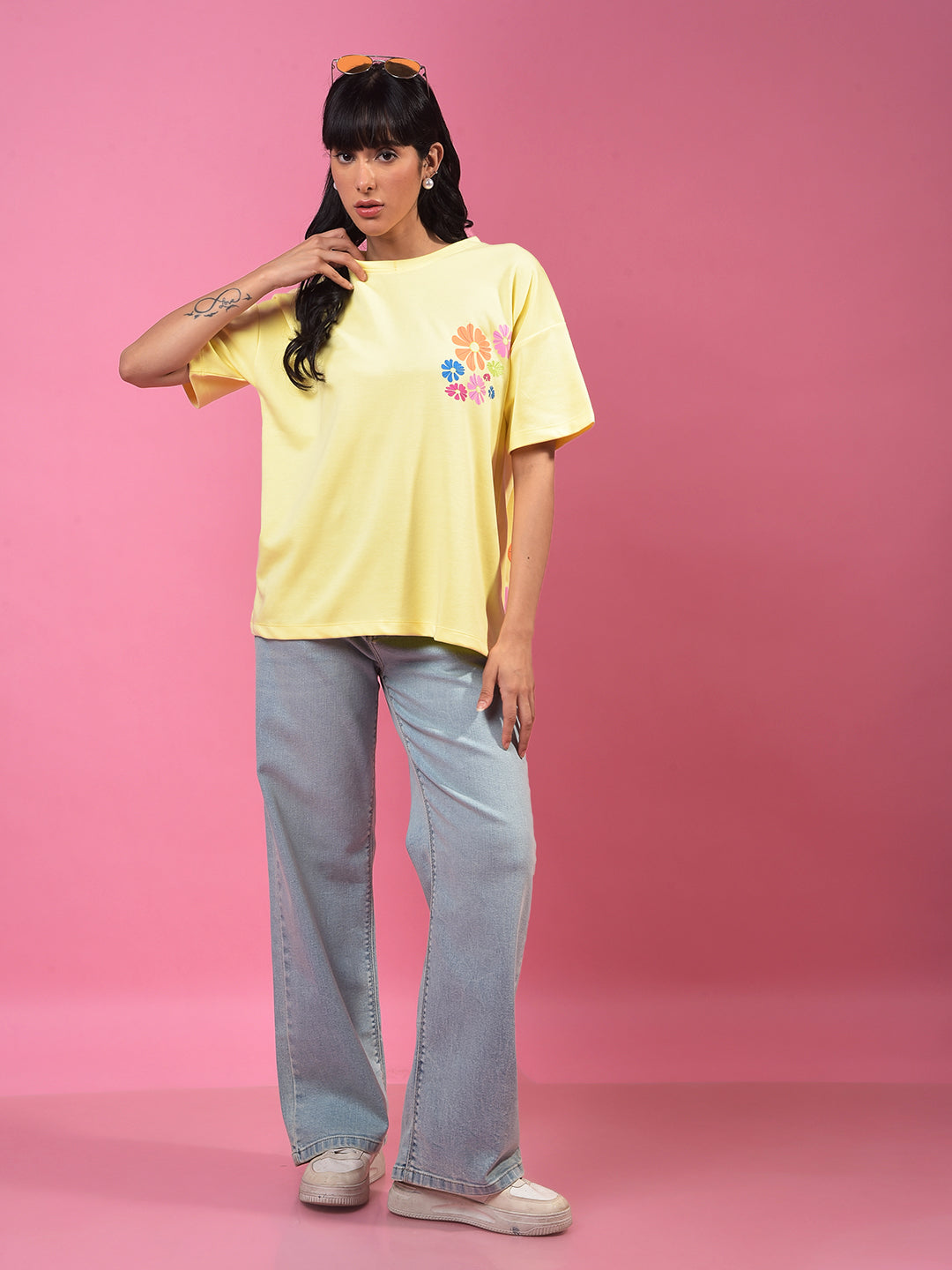 Yellow Floral Print Oversize T-Shirt-Women T-Shirts-Crimsoune Club