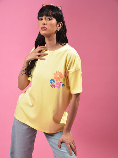 Yellow Floral Print Oversize T-Shirt-Women T-Shirts-Crimsoune Club