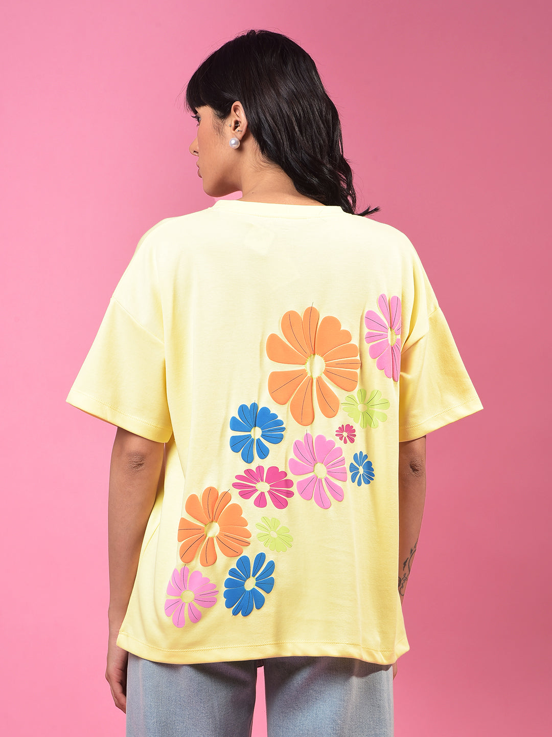 Yellow Floral Print Oversize T-Shirt-Women T-Shirts-Crimsoune Club
