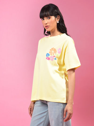 Yellow Floral Print Oversize T-Shirt-Women T-Shirts-Crimsoune Club