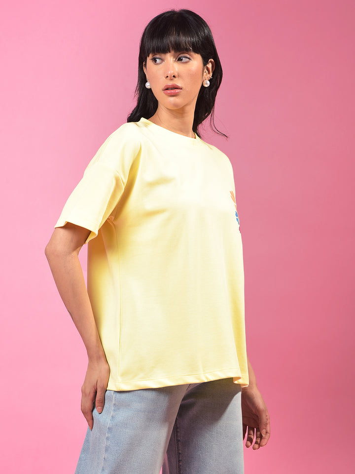 Yellow Floral Print Oversize T-Shirt-Women T-Shirts-Crimsoune Club