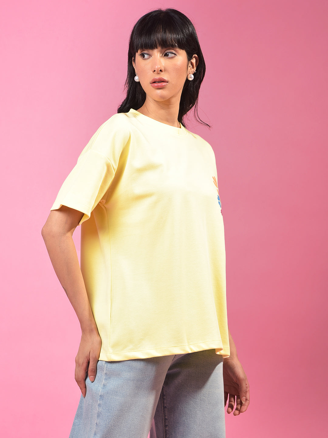 Yellow Floral Print Oversize T-Shirt-Women T-Shirts-Crimsoune Club