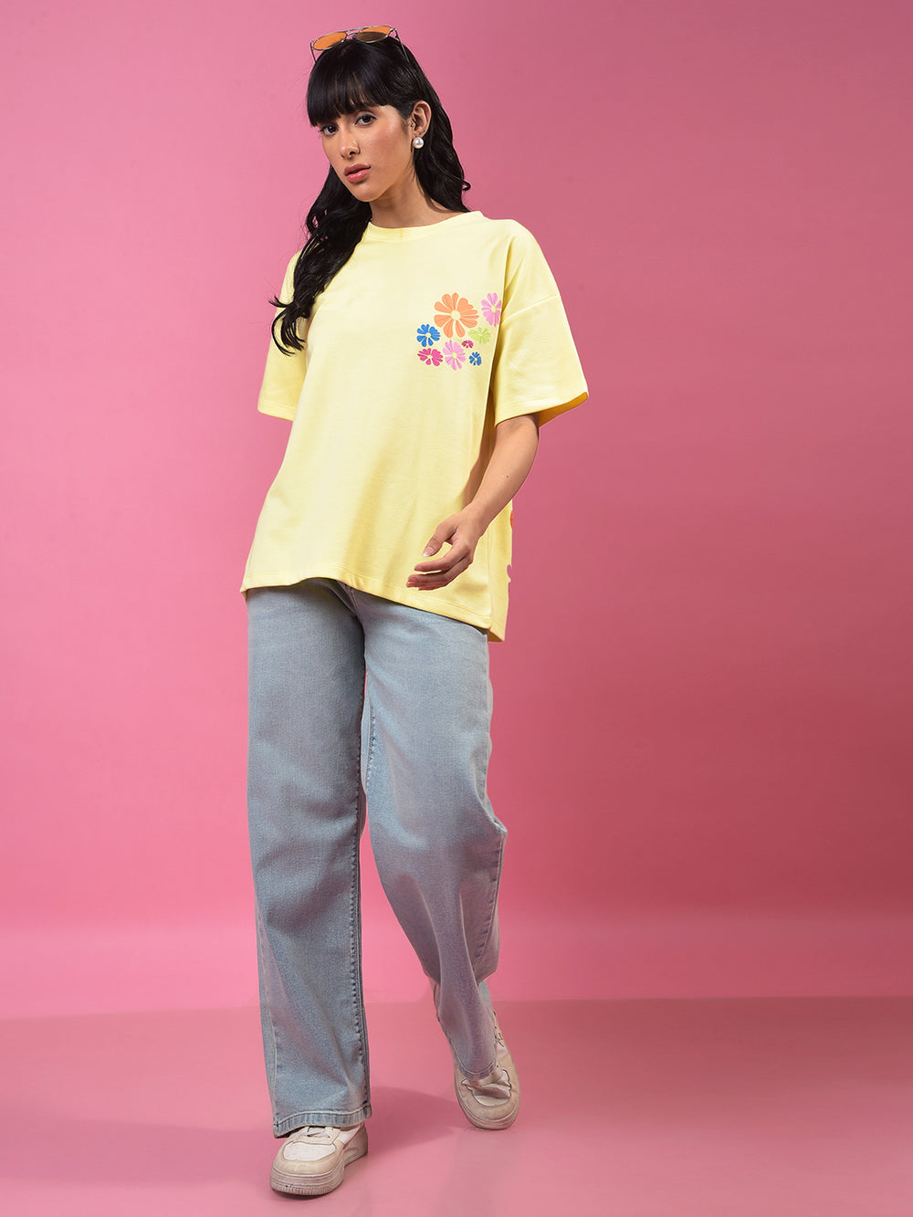 Yellow Floral Print Oversize T-Shirt-Women T-Shirts-Crimsoune Club