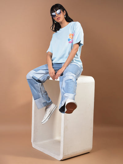 Blue Floral Print Oversize T-Shirt-Women T-Shirts-Crimsoune Club