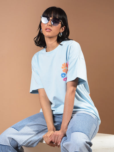Blue Floral Print Oversize T-Shirt-Women T-Shirts-Crimsoune Club