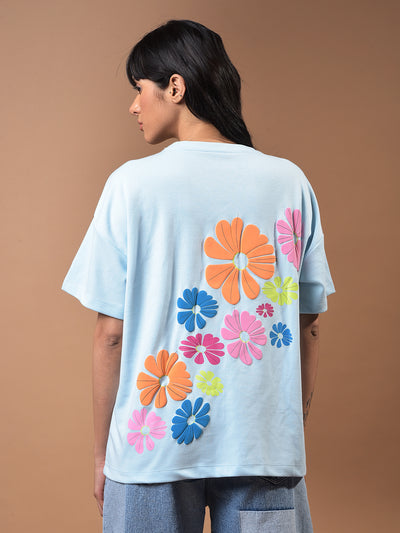 Blue Floral Print Oversize T-Shirt-Women T-Shirts-Crimsoune Club