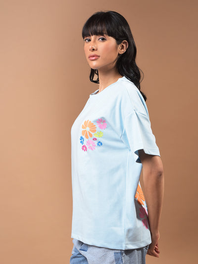 Blue Floral Print Oversize T-Shirt-Women T-Shirts-Crimsoune Club