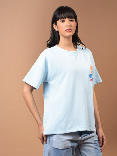 Blue Floral Print Oversize T-Shirt-Women T-Shirts-Crimsoune Club