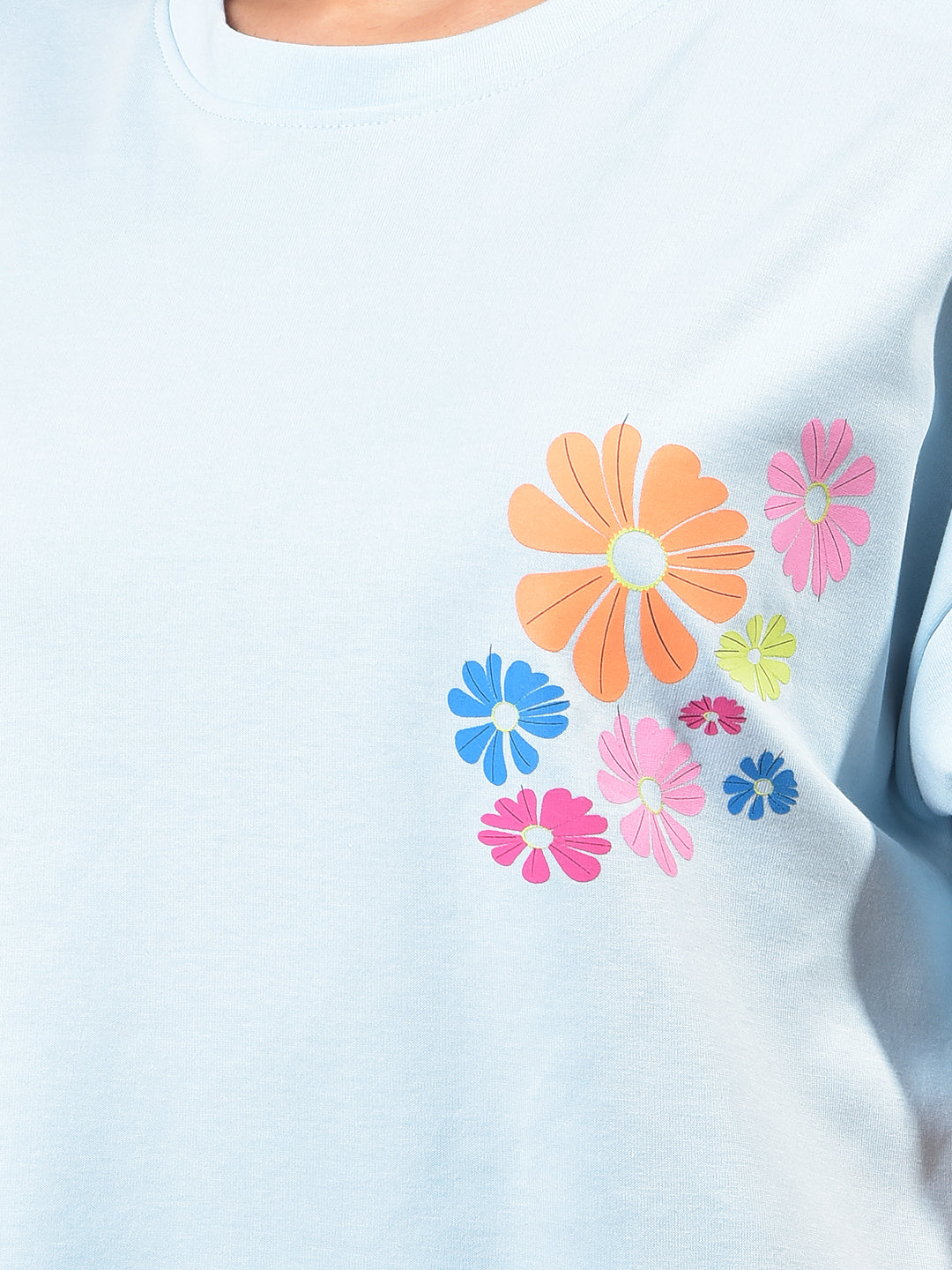 Blue Floral Print Oversize T-Shirt-Women T-Shirts-Crimsoune Club