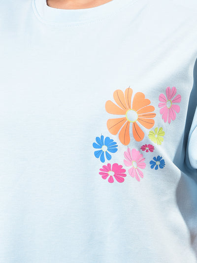 Blue Floral Print Oversize T-Shirt-Women T-Shirts-Crimsoune Club