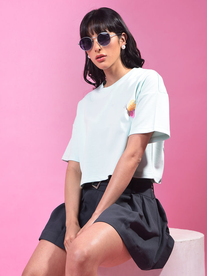 Green Graphic Print Crop T-Shirt-Women T-Shirts-Crimsoune Club