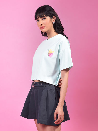 Green Graphic Print Crop T-Shirt-Women T-Shirts-Crimsoune Club