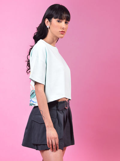 Green Graphic Print Crop T-Shirt-Women T-Shirts-Crimsoune Club