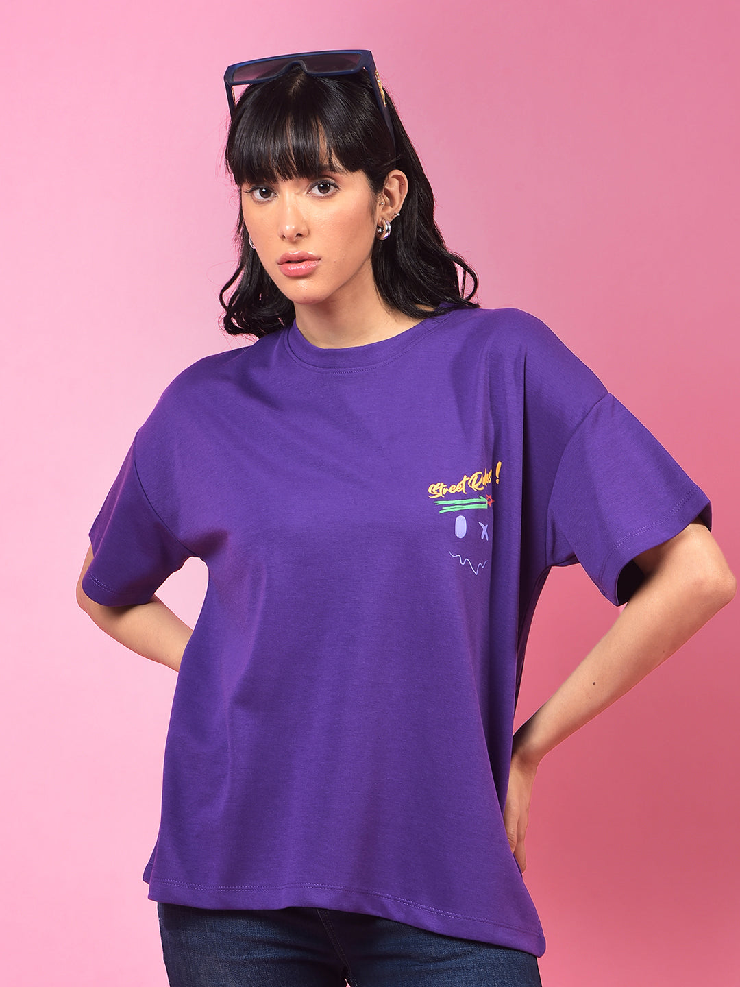Purple Graphic Print Oversize T-Shirt-Women T-Shirts-Crimsoune Club