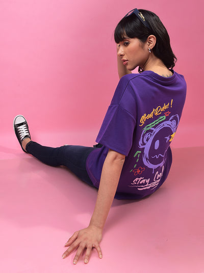 Purple Graphic Print Oversize T-Shirt-Women T-Shirts-Crimsoune Club