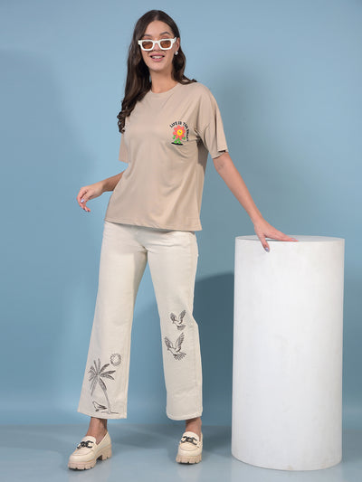 Women's Beige Graphic Print Oversize T-Shirt-Women T-Shirts-Crimsoune Club