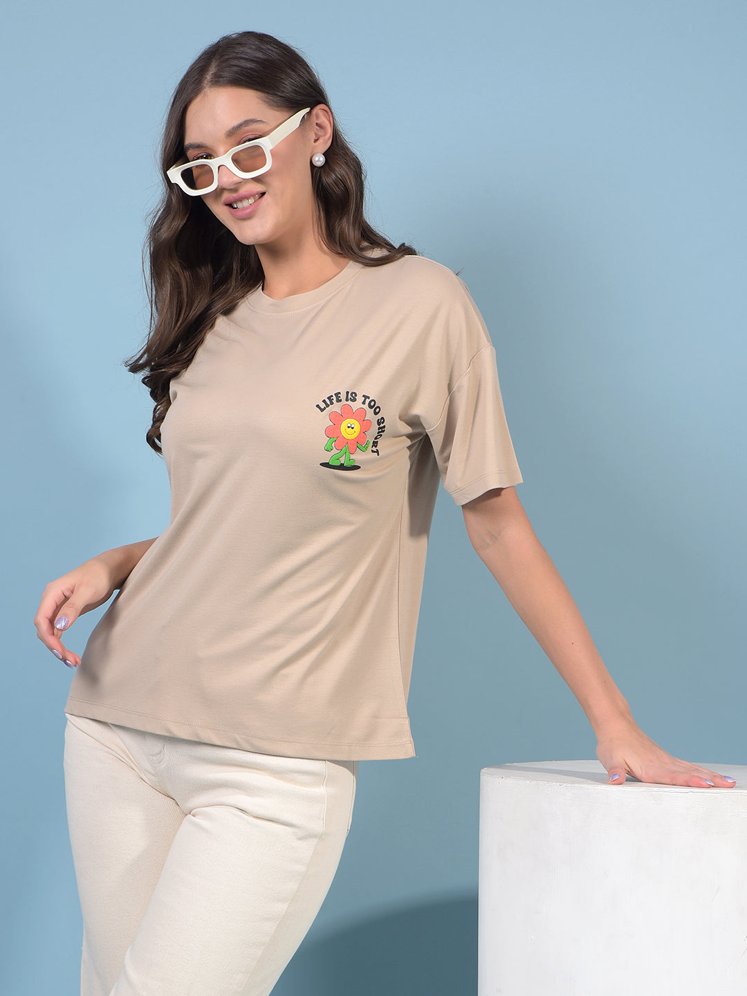 Women's Beige Graphic Print Oversize T-Shirt-Women T-Shirts-Crimsoune Club