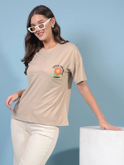 Women's Beige Graphic Print Oversize T-Shirt-Women T-Shirts-Crimsoune Club
