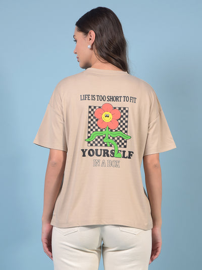 Women's Beige Graphic Print Oversize T-Shirt-Women T-Shirts-Crimsoune Club