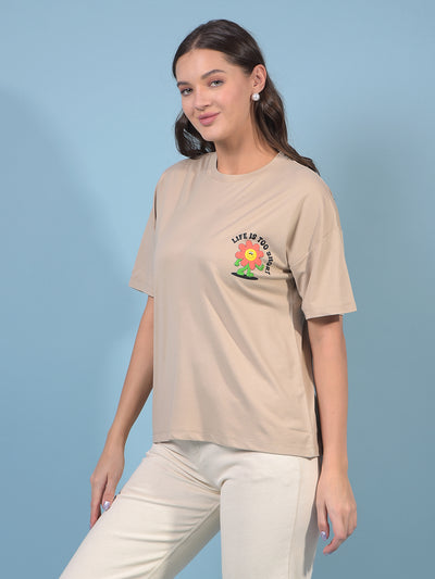 Women's Beige Graphic Print Oversize T-Shirt-Women T-Shirts-Crimsoune Club