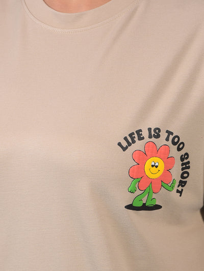 Women's Beige Graphic Print Oversize T-Shirt-Women T-Shirts-Crimsoune Club
