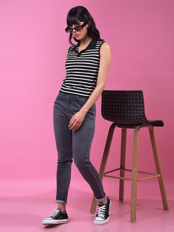 Black Horizontal Stripes V-Neck Sleeveless T-Shirt-Women T-Shirts-Crimsoune Club