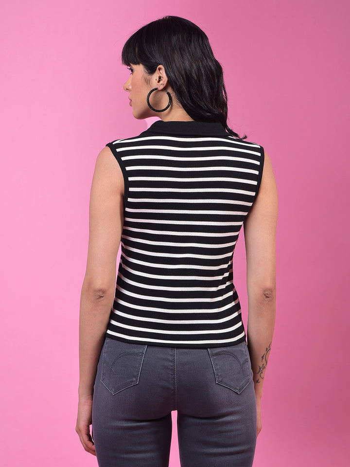 Black Horizontal Stripes V-Neck Sleeveless T-Shirt-Women T-Shirts-Crimsoune Club