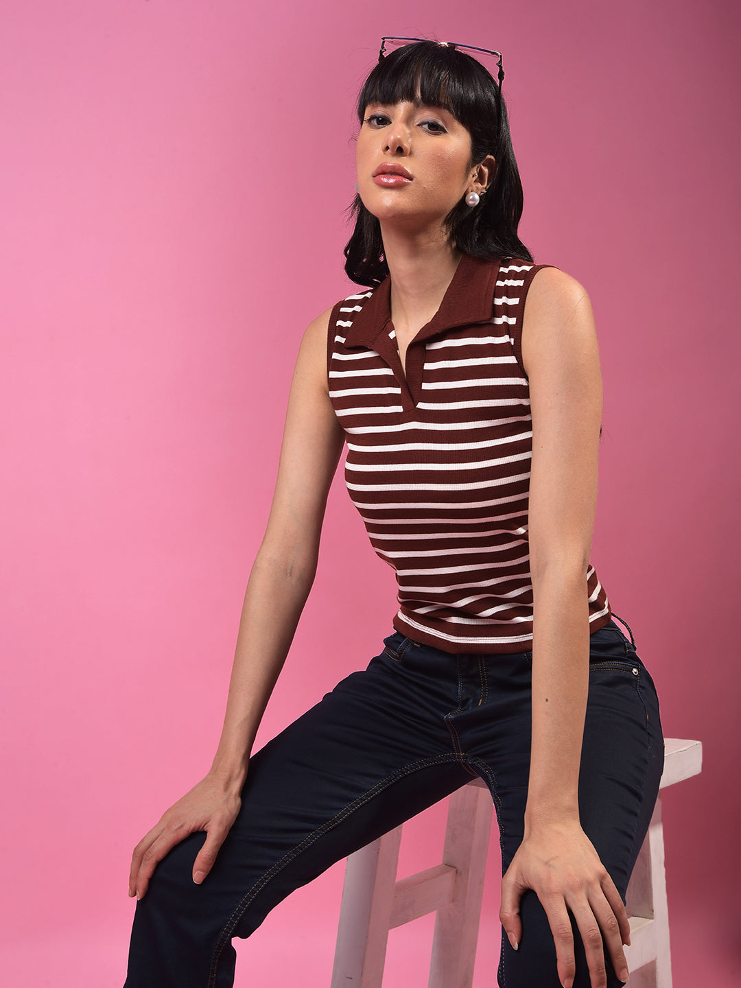 Brown Horizontal Stripes Polo Neck Sleeveless T-Shirt-Women T-Shirts-Crimsoune Club