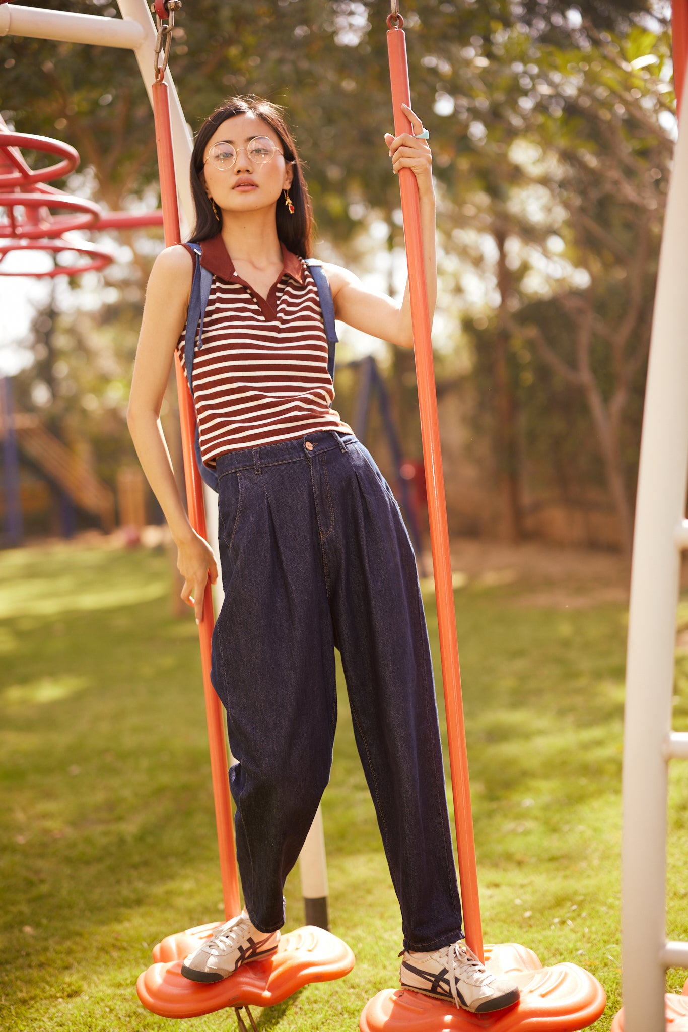 Women's Brown Horizontal Stripes Polo Neck Sleeveless T-Shirt