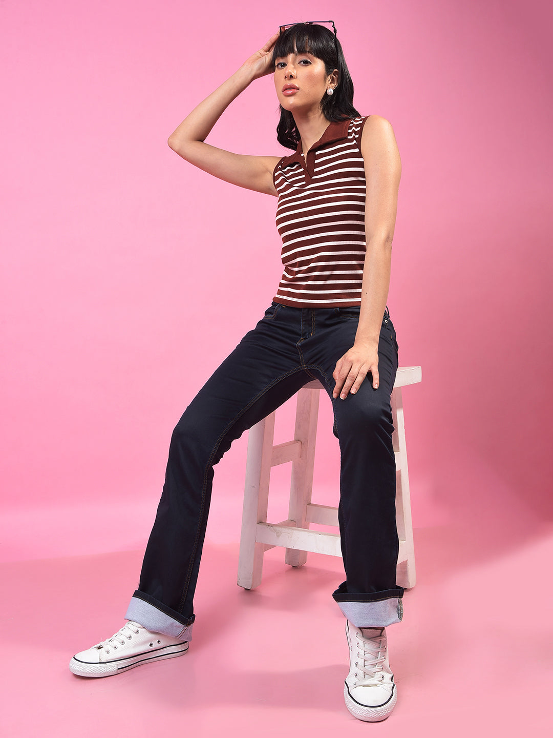 Brown Horizontal Stripes Polo Neck Sleeveless T-Shirt-Women T-Shirts-Crimsoune Club