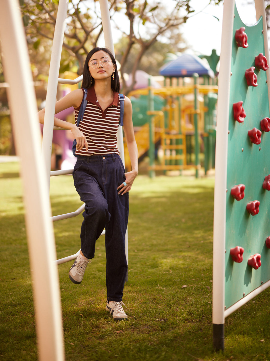 Brown Horizontal Stripes Polo Neck Sleeveless T-Shirt-Women T-Shirts-Crimsoune Club