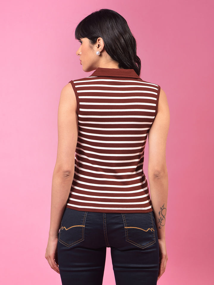 Brown Horizontal Stripes Polo Neck Sleeveless T-Shirt-Women T-Shirts-Crimsoune Club