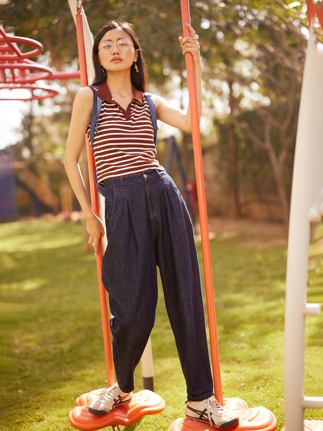 Brown Horizontal Stripes Polo Neck Sleeveless T-Shirt-Women T-Shirts-Crimsoune Club