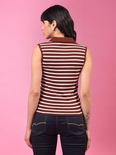 Brown Horizontal Stripes Polo Neck Sleeveless T-Shirt-Women T-Shirts-Crimsoune Club