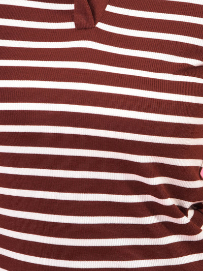 Brown Horizontal Stripes Polo Neck Sleeveless T-Shirt-Women T-Shirts-Crimsoune Club