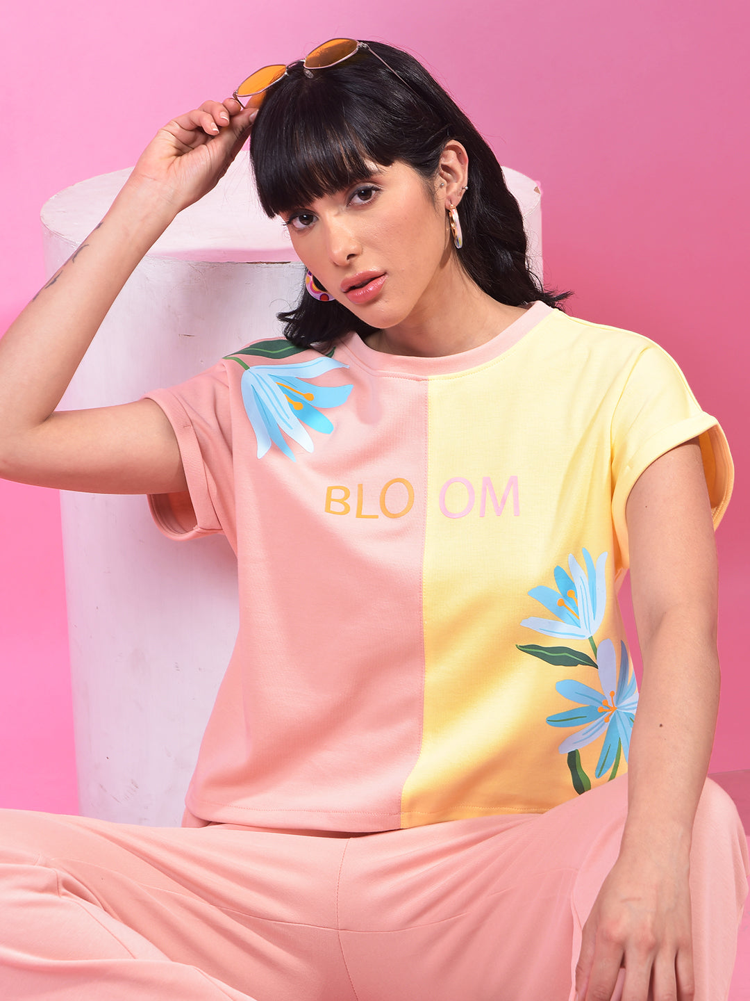 Peach Color-Blocked Crop T-Shirt-Women T-Shirts-Crimsoune Club