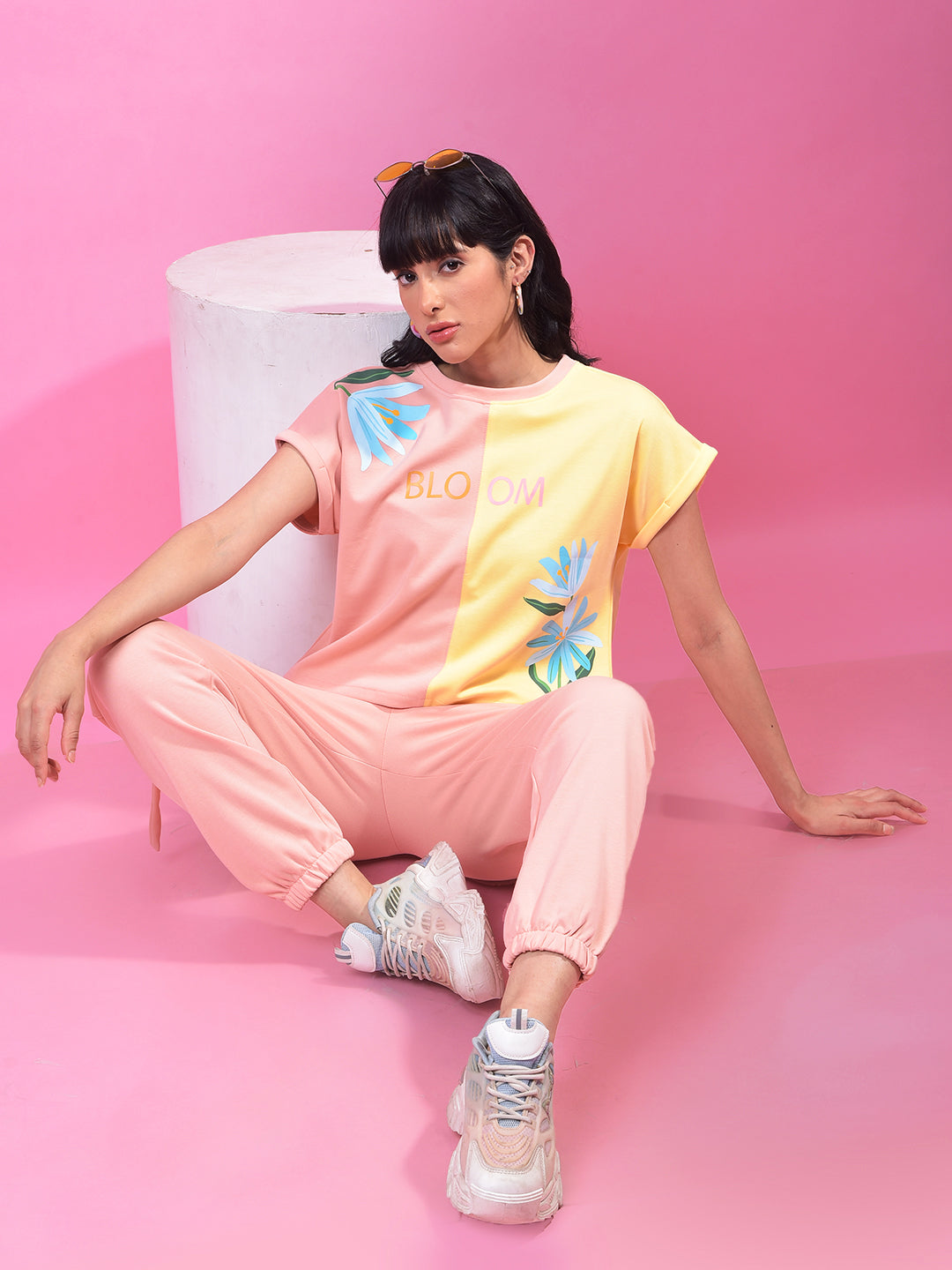 Peach Color-Blocked Crop T-Shirt-Women T-Shirts-Crimsoune Club