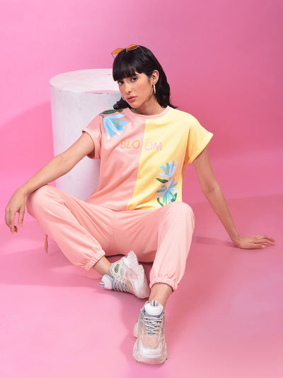 Peach Color-Blocked Crop T-Shirt-Women T-Shirts-Crimsoune Club